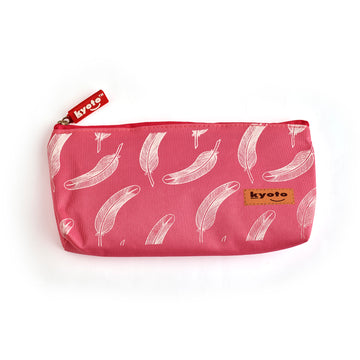 Pink pencil pouch with feather print design and zip closure