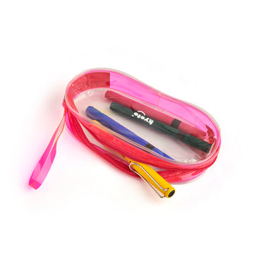 Pink oval pencil pouch with zip closure and curved shape