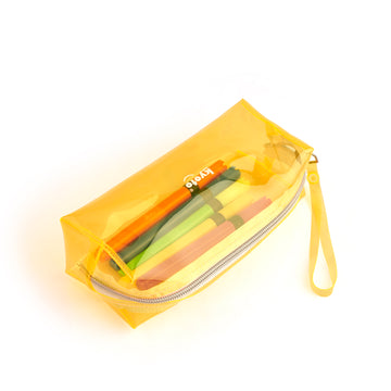 Yellow rectangle pencil pouch with zip closure and compact design