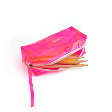 Pink rectangle pencil pouch with zip closure and compact design